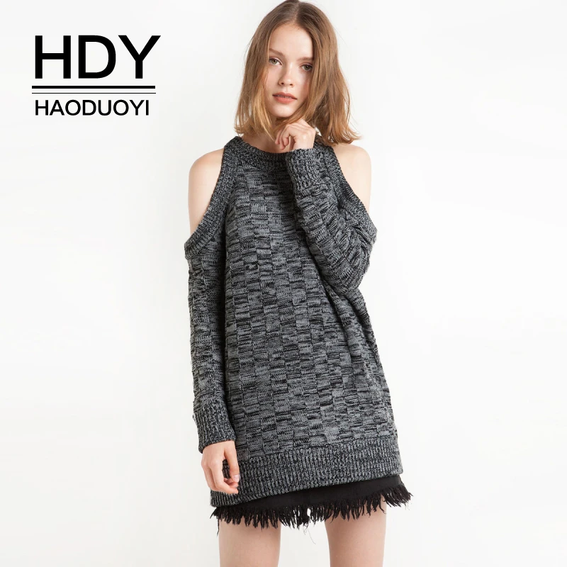 HDY Haoduoyi модный тренд сексуальное плечо экспозиция круглый воротник чистый цвет