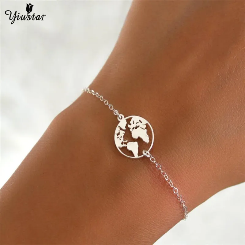yiustar Gold World Map Stainless Steel Bracelets For Women Wave Pendant Beach Jewelry Earth Christmas Gifts | Украшения и