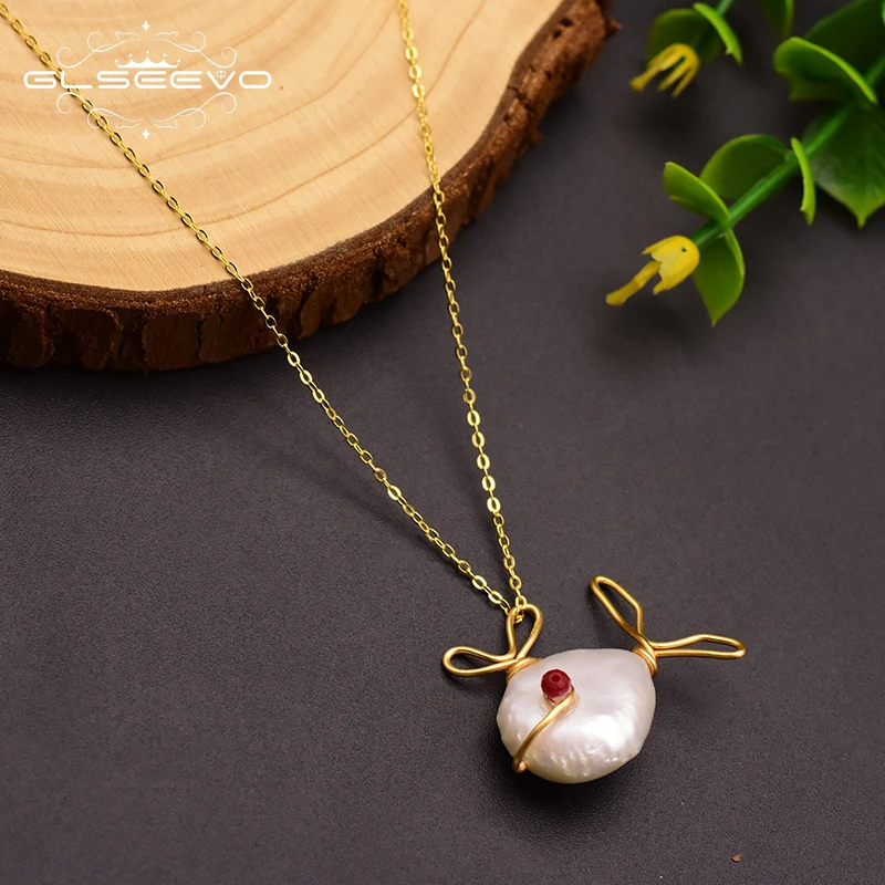 

GLSEEVO 925 Sterling Silver Fish Pendant Necklace For Women Party Wedding Fresh Water Pear Necklace Fine Jewelry Kolye GN0130