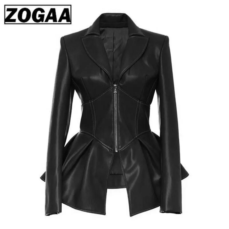 Женская куртка из искусственной кожи ZOGAA черная плиссированная с v-образным