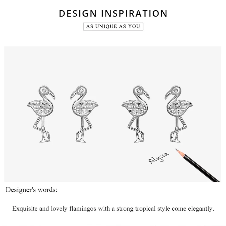 bamoer Summer Flamingos Stud Earrings for Women Pink Cubic Zirconia Ear Studs Romantic Female Silver 925 Jewelry Gifts BSE120