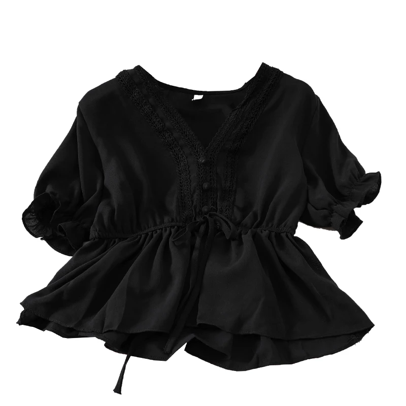 2019 Новая мода Женская блузка рубашка Весенняя сетка кружева сторона v-образным