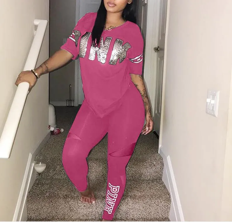 Женский спортивный костюм розовая футболка с буквенным принтом весенний