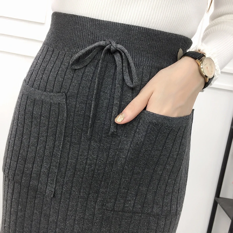 Осенне зимняя женская длинная юбка карандаш с разрезом и высокой талией вязаные