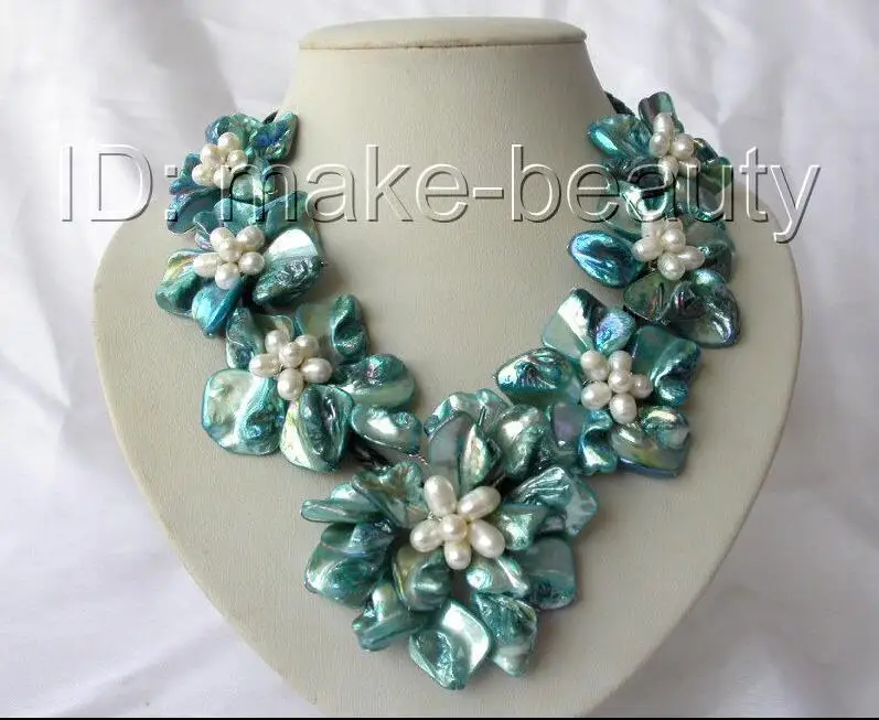 classic white baroque freshwater pearl black shell flower leather necklace | Украшения и аксессуары