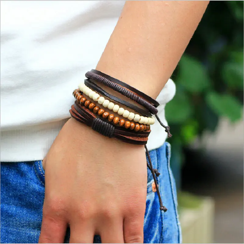 Модные многослойные деревянные бусины плетеные регулируемые кожаные популярные