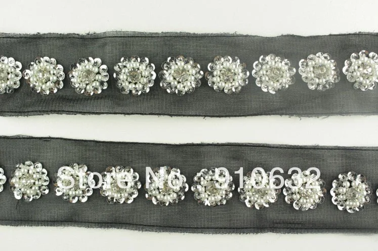 1 ярд черный кружевной цветок Жемчуг Блестки отделка с кристаллами и бисером
