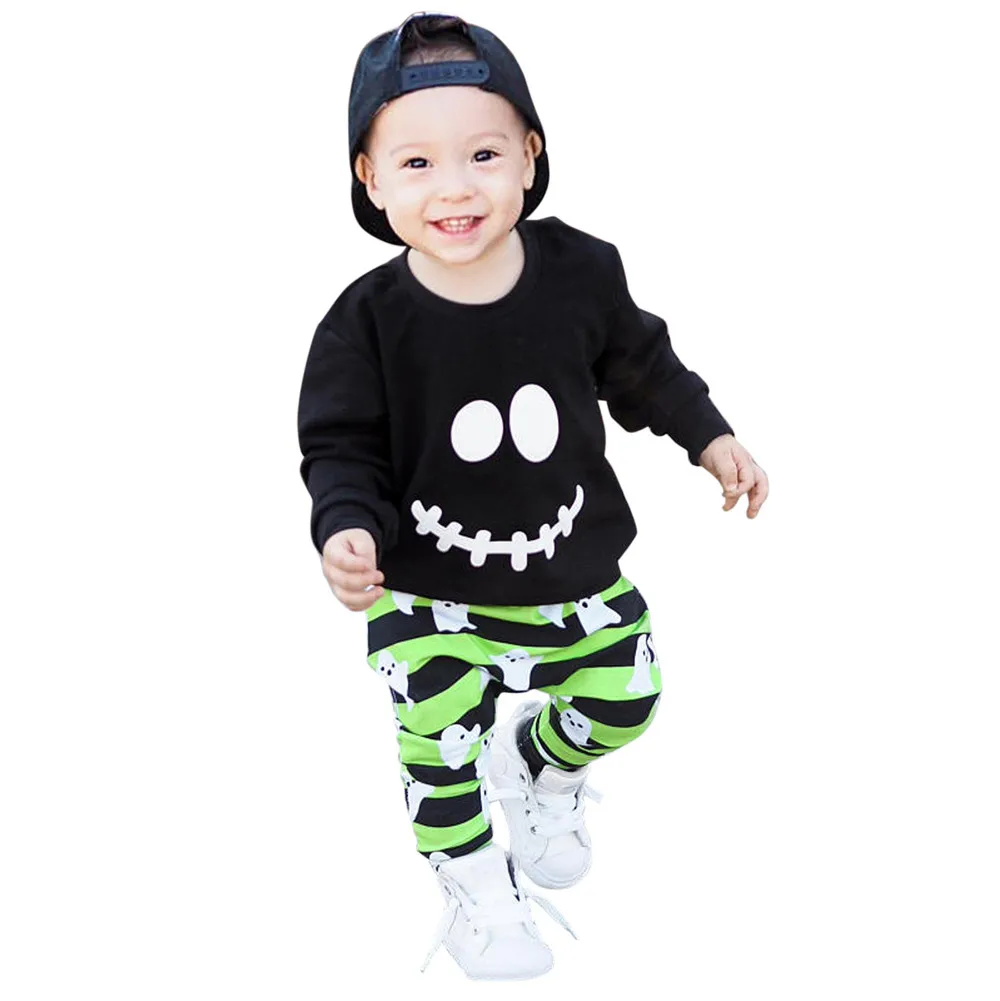 Children's suit black fashion shirt + pants toddler baby boy girl cartoon ghost top pullover Halloween costume set | Детская одежда