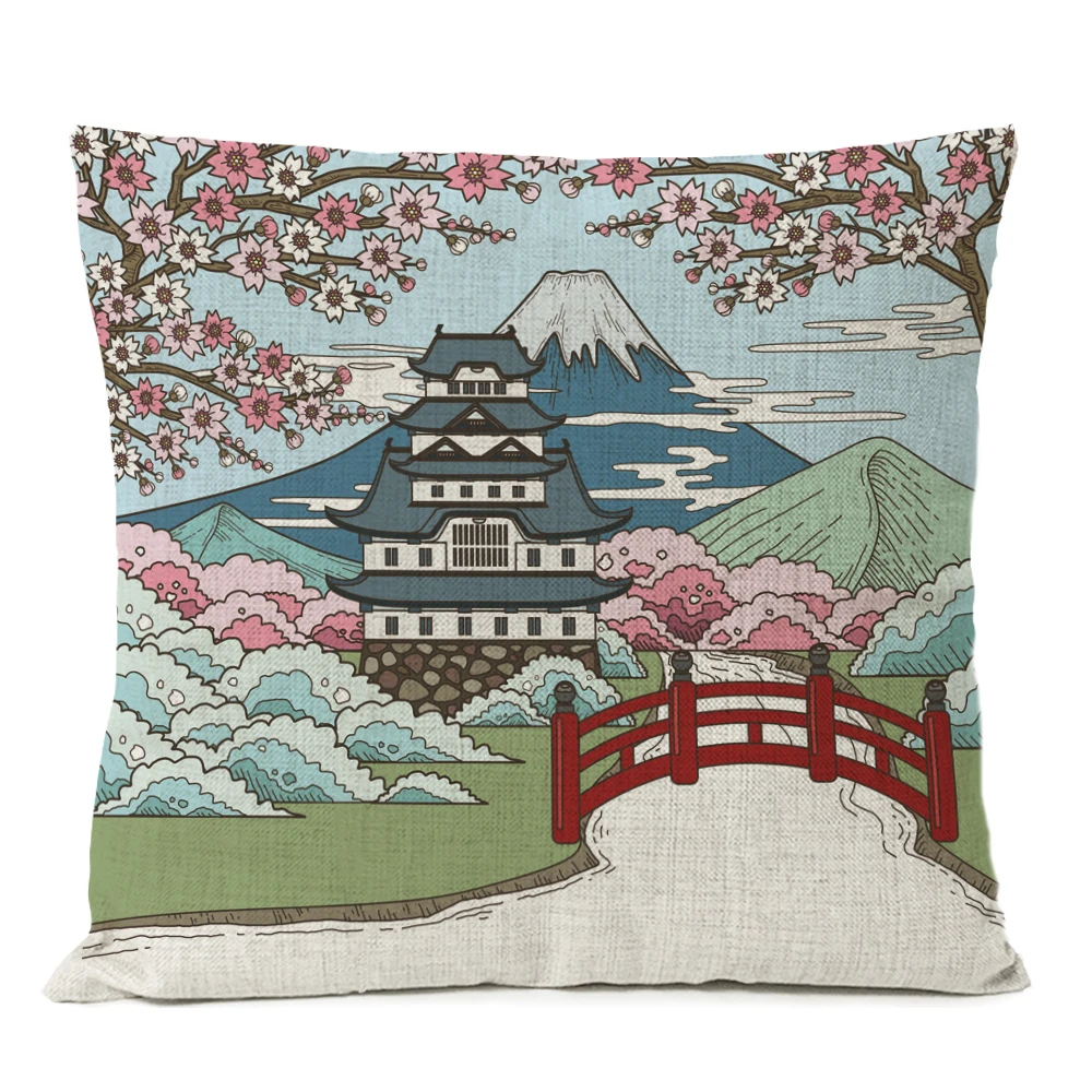 Japanese Fuji Cherry Cushion Cover Home Decorative Pillows Japan Ukiyo-e Wave Pillow Cover Linen Pillow Case Cojines Almofada