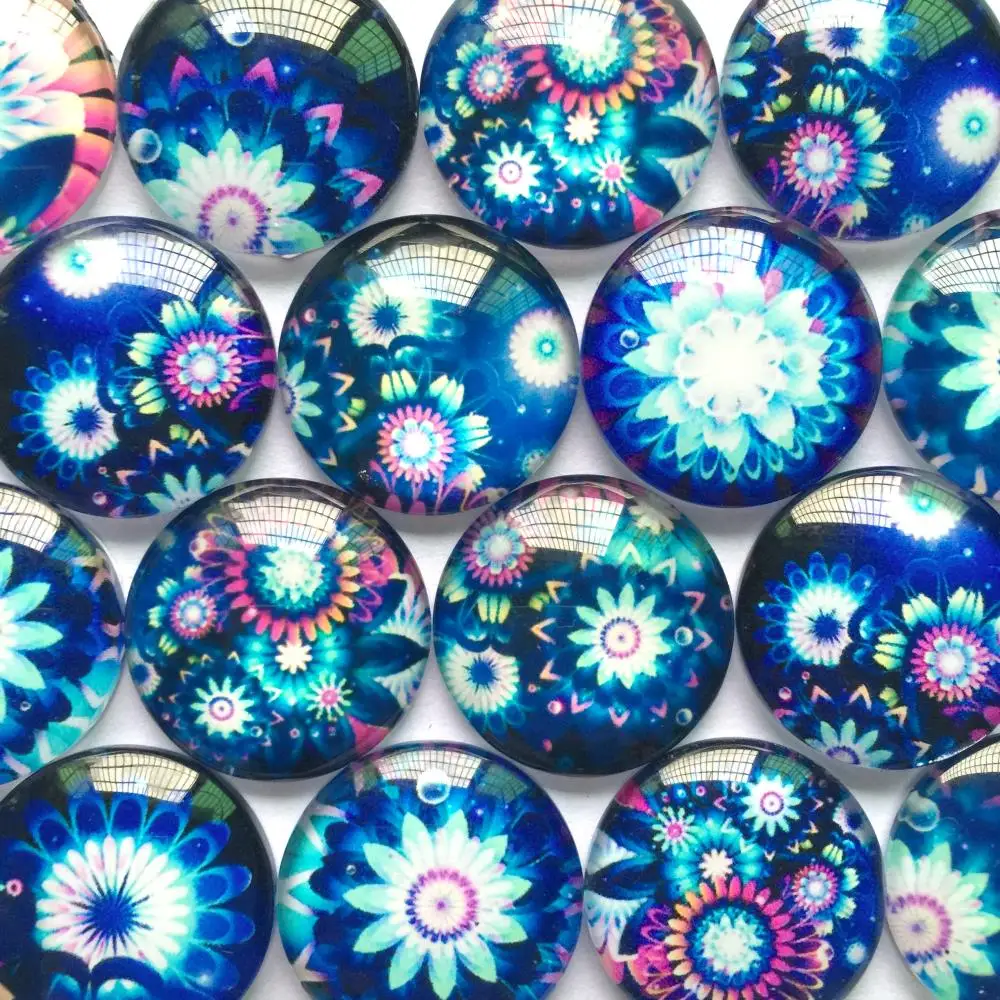 

ZEROUP 12mm 20mm Round Glass Dome Cabochon Blue Color Of Flowers Picture Mixed Pattern DIY Flat Back Jewelry Finding