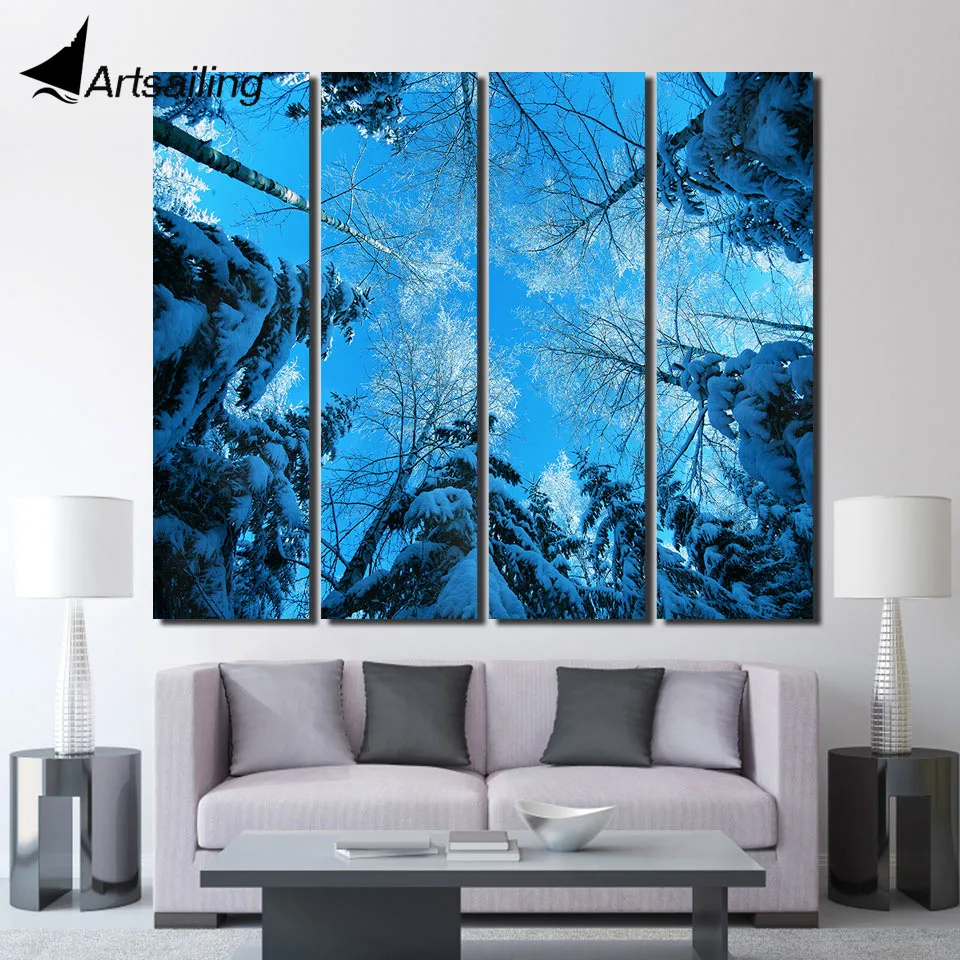 Холст Картины печатных 4 шт. голубое небо снег лес стены искусства холст картины