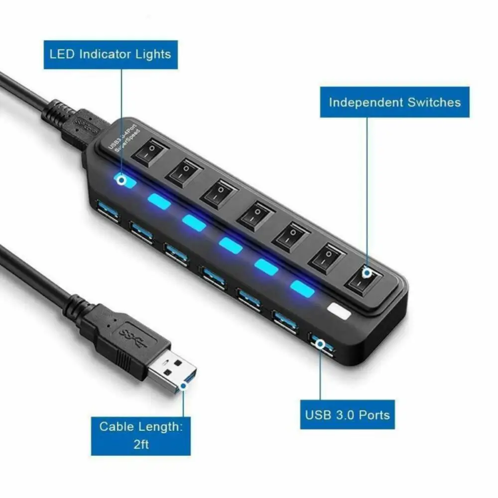 

USB HUB 3.0 7 Ports Micro USB 3.0 HUB Splitter With Power Adapter USB Hab High Speed 5Gbps USB Splitter 3 HUB For PC Laptop