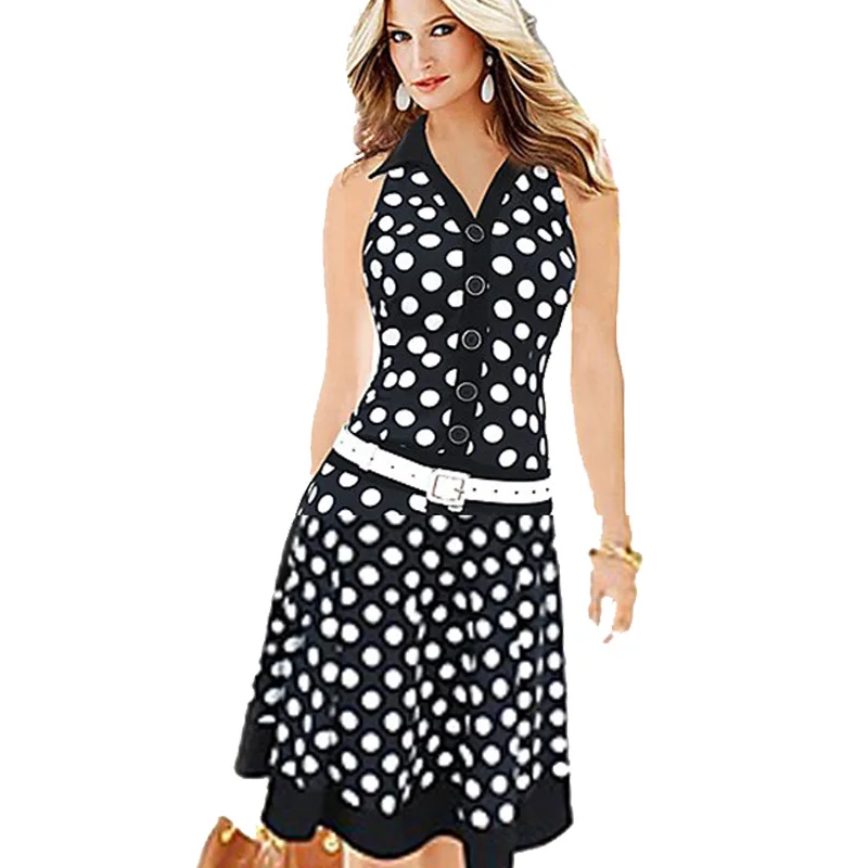 

AAMIKAST Women Dresses New Fashion 2019 Print Dot Without Belt American Country Style Casual Dresses High Street Sleeveless