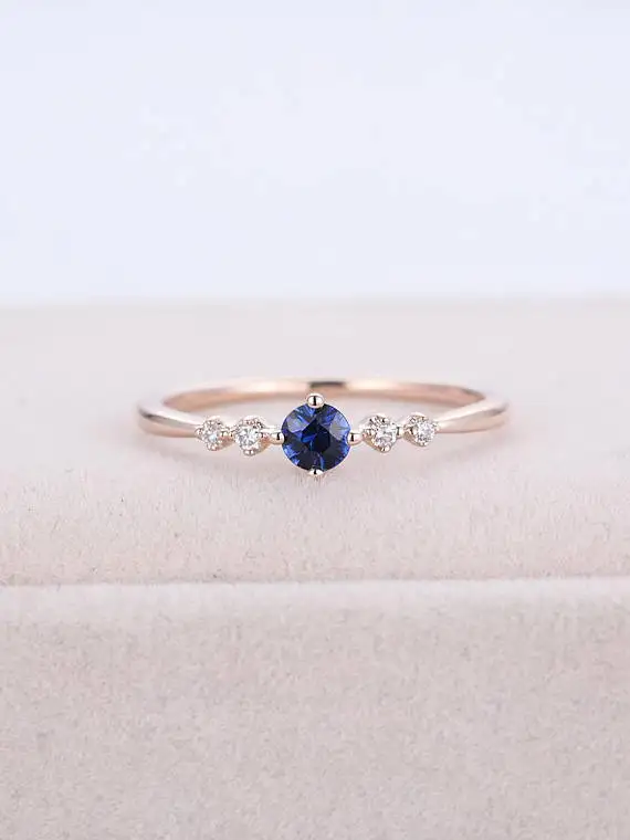 MYRAY натурального синий сапфир Обручение кольцо 14 К розовое золото круглый