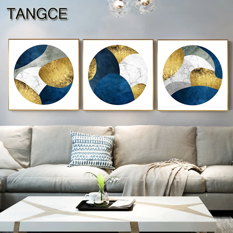 

Abstract Painting Blue Golden Block Canvas Painting Tableau Quadro Posters Foil Luxury Wall Art for Living Room Duvar Tablolar