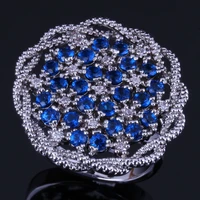 admirable big flower blue cubic zirconia white cz silver plated ring v0520