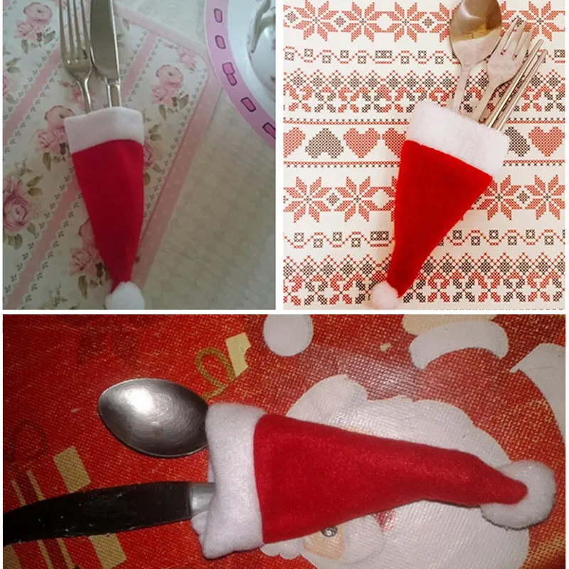 Hot Christmas Caps Cutlery Holder Fork Spoon Pocket Decor Bag Knife Set Cover Supplies Mini Santa Hat | Дом и сад
