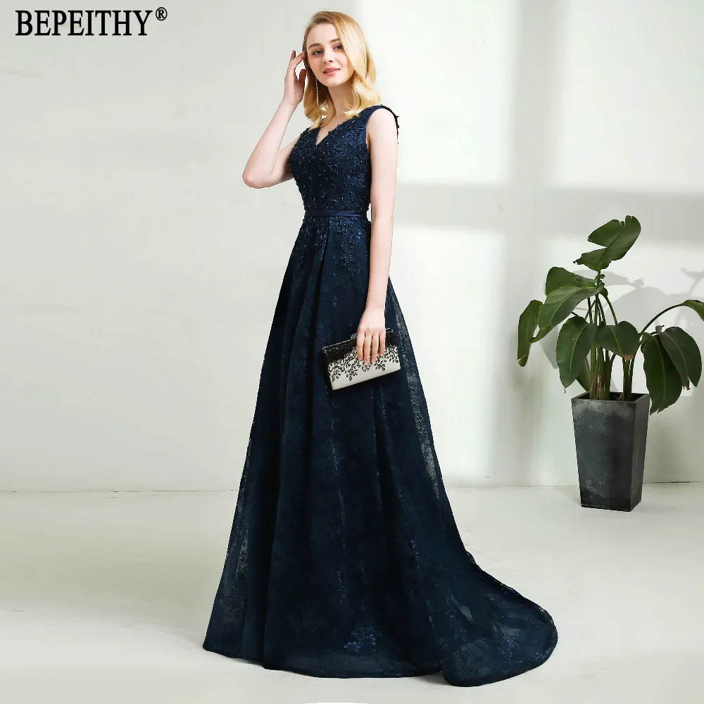 BEPEITHY vestido de festa Новое поступление V образным вырезом темно-синее Кружево Платья на выпускной с бусинами ремень Длинные вечерние платья