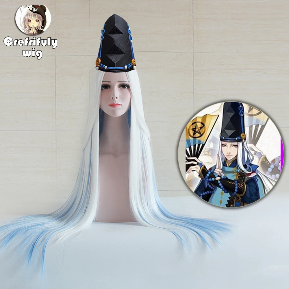 100cm Onmyoji Abe No Seimei Game Cosplay Wig Long Straight Halloween Costume White Blue Ombre Hair Wigs + wig cap