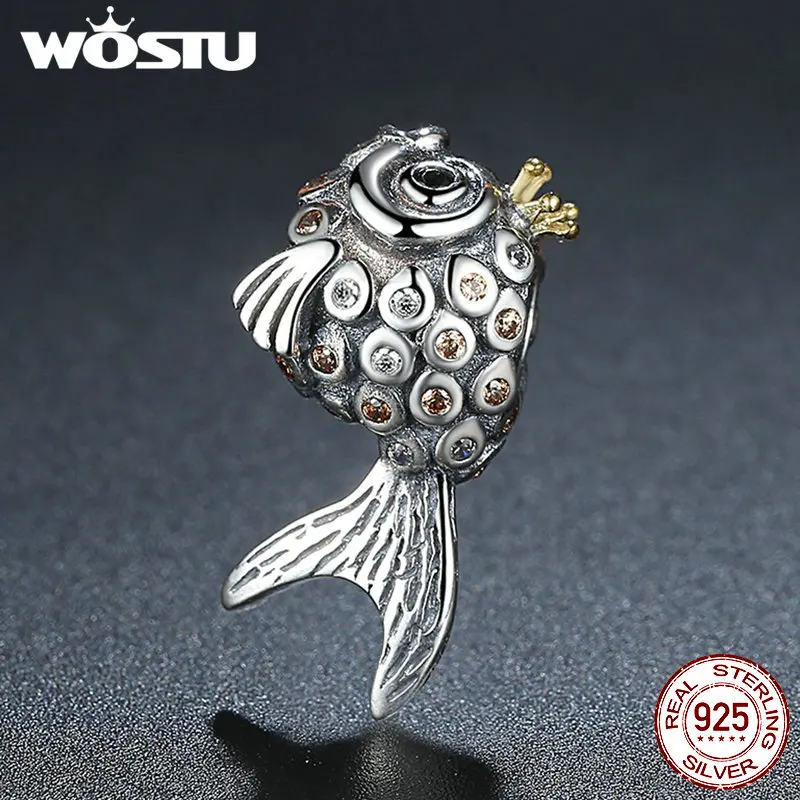 WOSTU Настоящее 925 пробы Серебряная форма рыбы с кристаллами Модные Подвески Ювелирные аксессуары BLC038