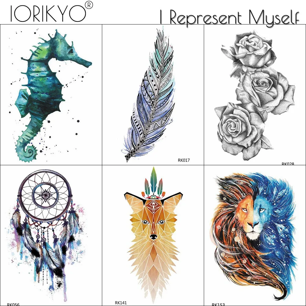 

IORIKYO Watercolor Lion Temporary Tattoo Women Chest Feather Tattoo Sticker Men Fashion Arm Fox Sea Horse Body Art Tatoo Rose