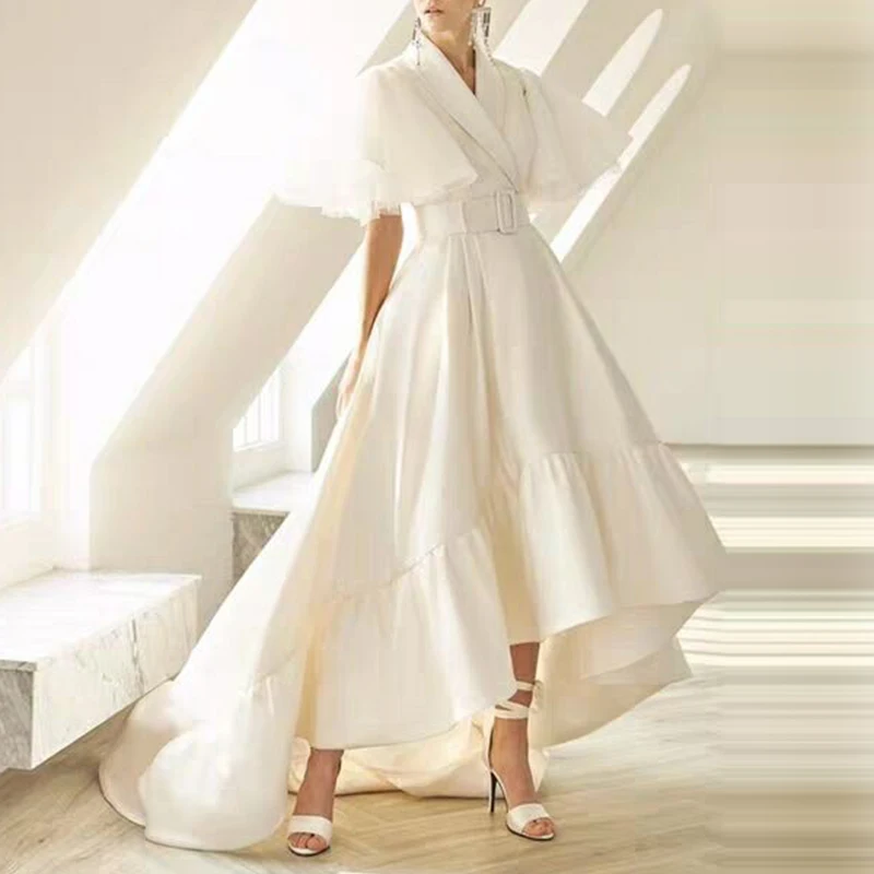 Платье с v образным вырезом и рукавом накидкой высокой талией платья для