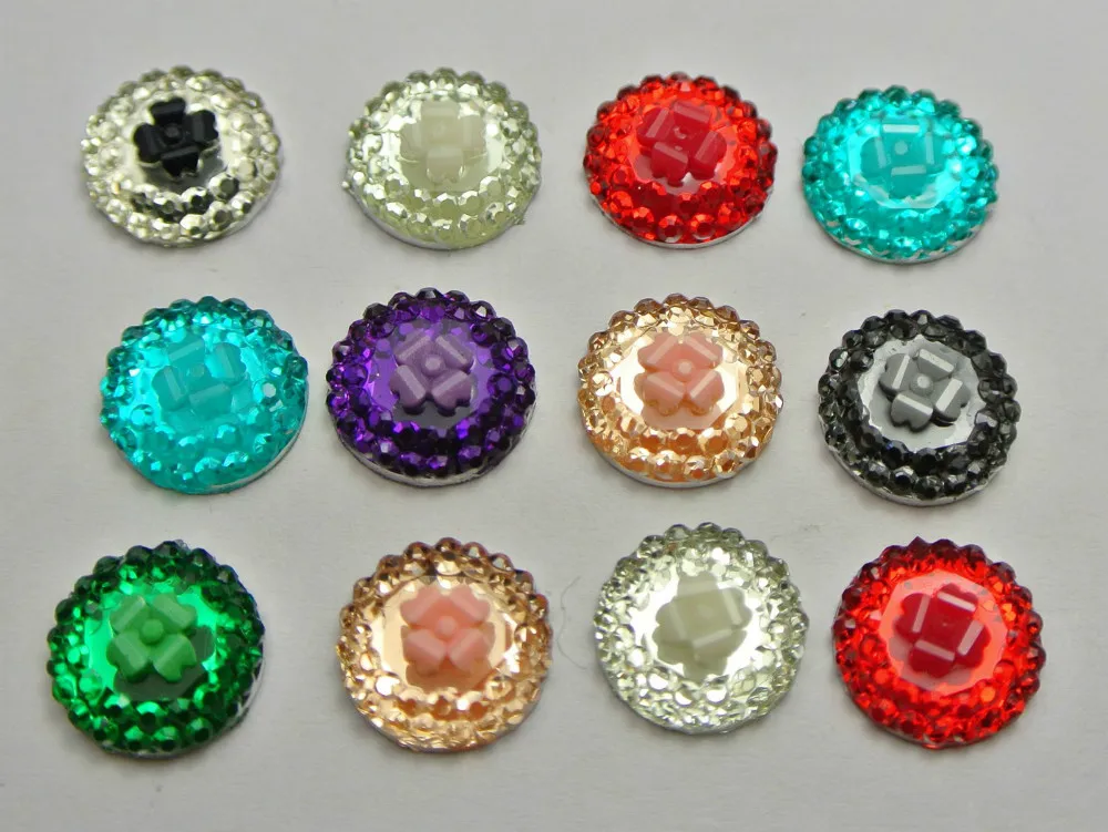 

100 Mixed Color Flatback Resin Round Cabochons 10mm Flower Top