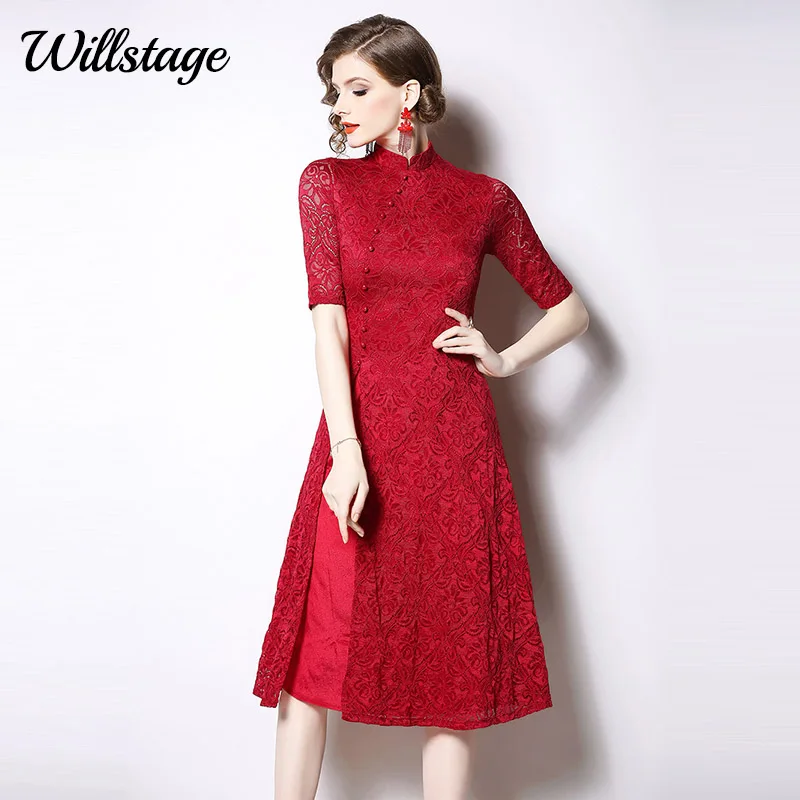 Платье Ципао Willstage 3XL женское элегантное кружевное платье в стиле пэчворк