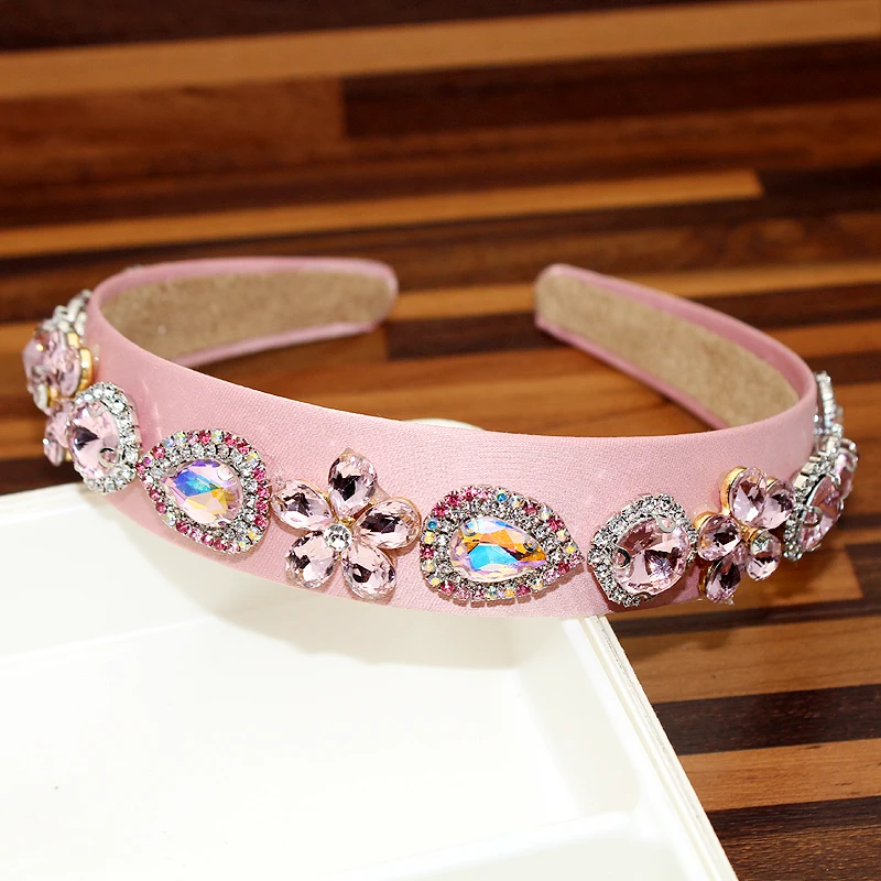 Fashion Pink And AB Crystal Flower Hairbands Round Rhinestone Headband For Women Luxury Hair Accessories