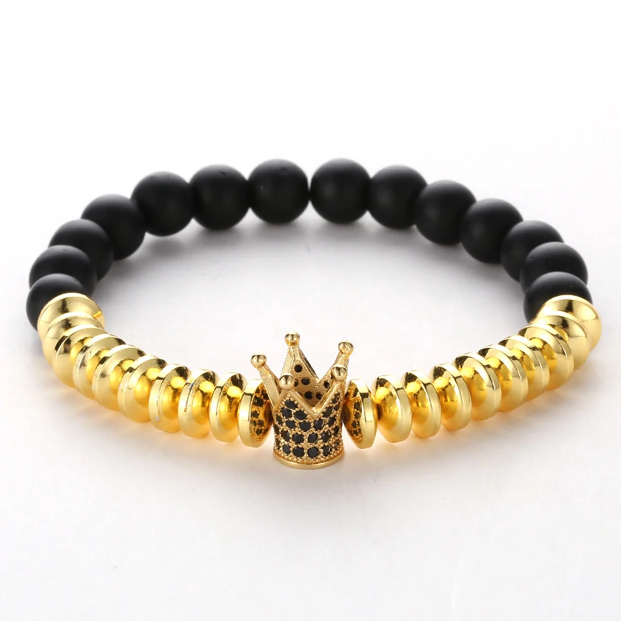 

HOBBORN Trendy Charm Women Bracelet Handmade Strand Matte Black Onyx Micro Pave CZ Crown Healing Unisex Bracelets Yoga Jewelry