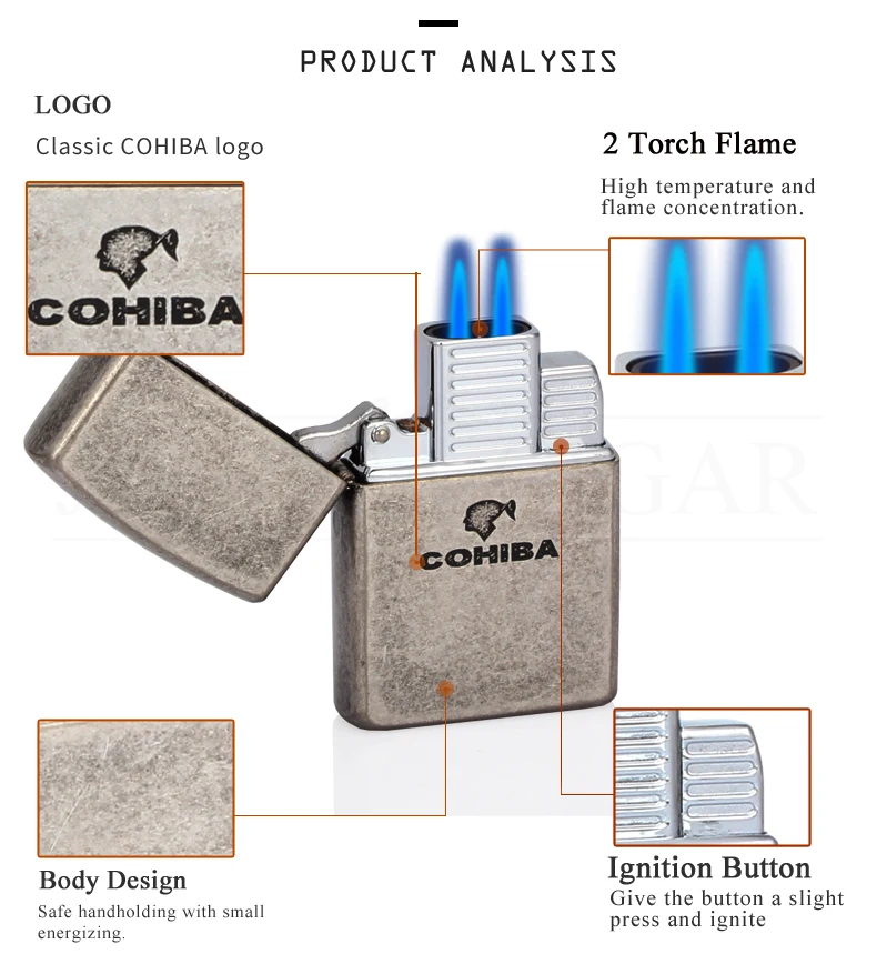 COHIBA мужские гаджеты Серый Металл ветрозащитный 2 пламя Jet зажигалка с горелкой автоприкуриватель зажигалки для сигарет огонь с подарочной коробкой