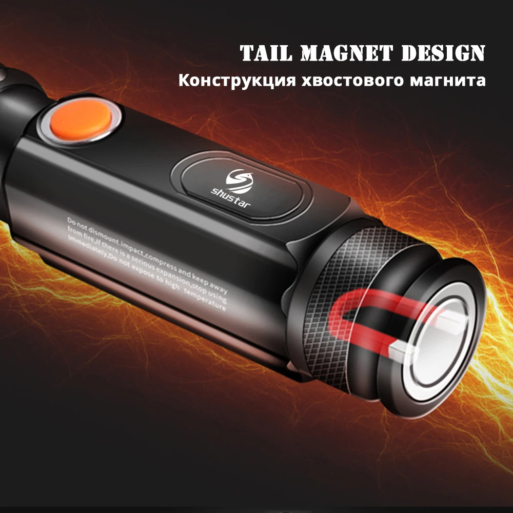 Многофункциональный светодиодный светильник-вспышка с USB, внутри перезаряжаемый аккумулятор, мощный фонарь T6, боковой COB светильник, дизайнерский светильник-вспышка, задний магнит