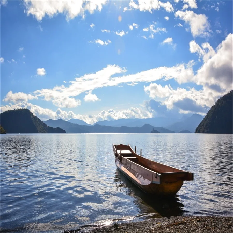 Laeacco Sunny Cloudy Sky Lake Beach Boat Landscape фоны для фотосъемки виниловые фотообои фотостудии |