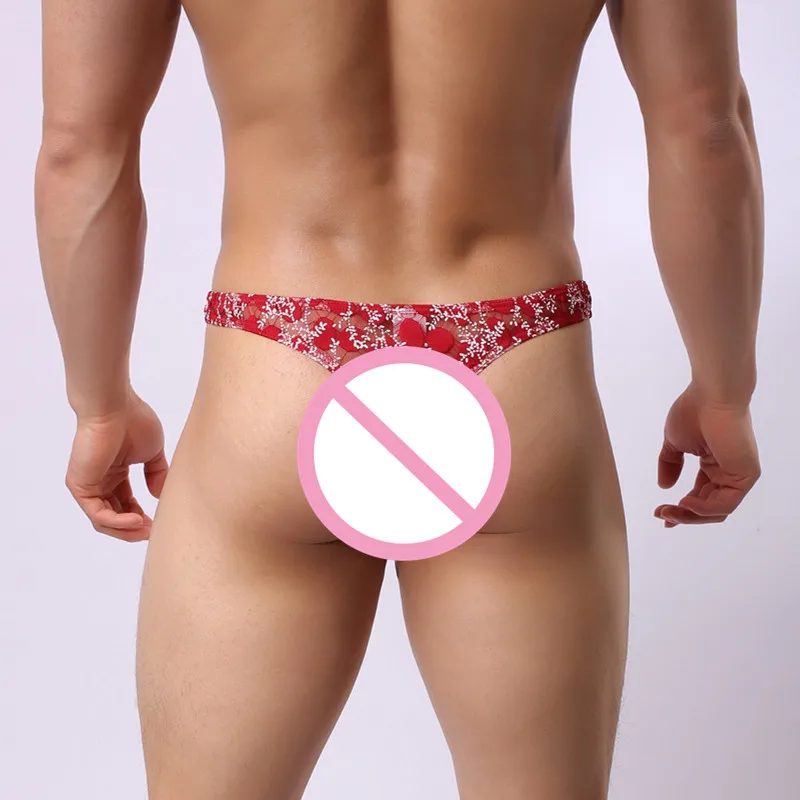 Sexy Underwear Men Lace Briefs Thongs Cueca Pouch Gay Male Shorts Tanga Transparent Thin Underpants U Convex Thong |