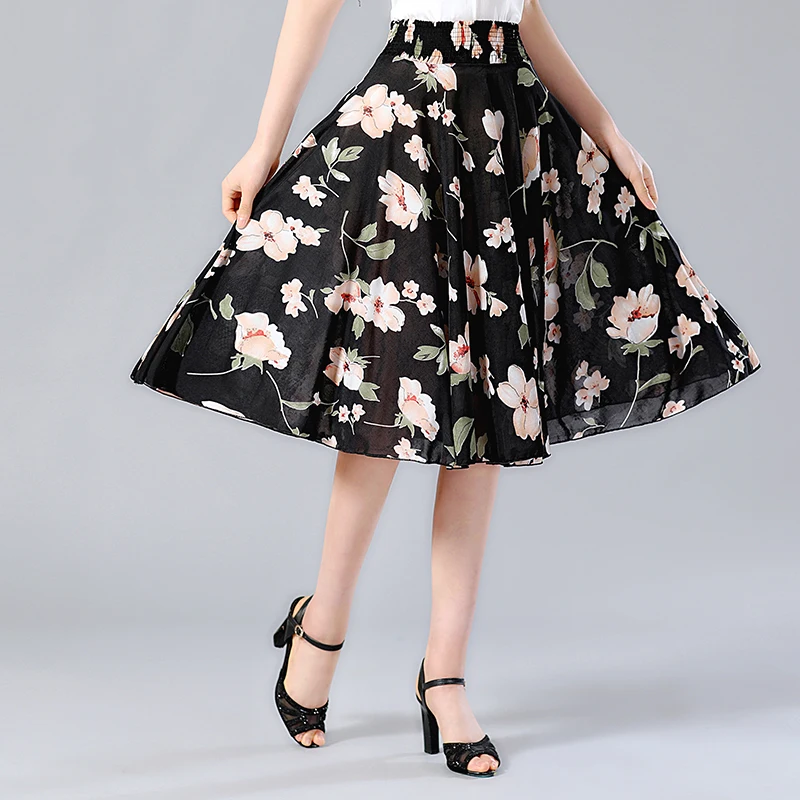 

New summer skirts womens Vintage Floral Print High Waist Elastic Pleated Skirt Saia Midi Faldas Casual A-line Skirt 10 colors