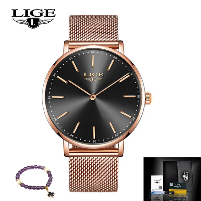 rose gold Black Lige Top Фирменная Новинка Роскошные Для женщин ультра-тонкий белый кардиган с Сталь часы модные простые Водонепроницаемый Женские кварцевые наручные часы Relogio Feminino - Цвет: rose gold Black