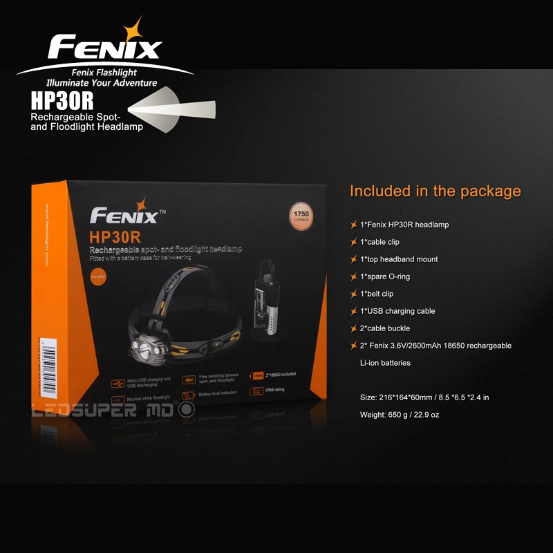 Fenix HP30R Cree светодиоды Макс 1750 люмен перезаряжаемый прожектор и прожектор налобный фонарь с аккумуляторами 2600 мАч