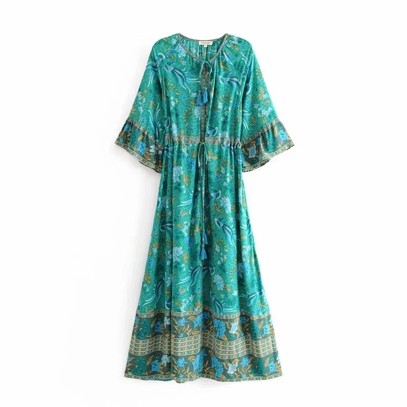 LTD1199112 Новинка 2019 с цветочным принтом круглым вырезом кисточками расклешенными
