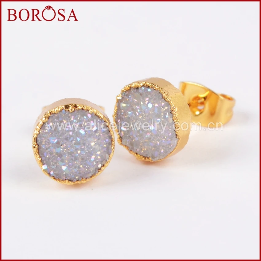 BOROSA 1 пара 8 ММ золотого цвета круглый натуральный камень Титан AB Друза Geode Stud