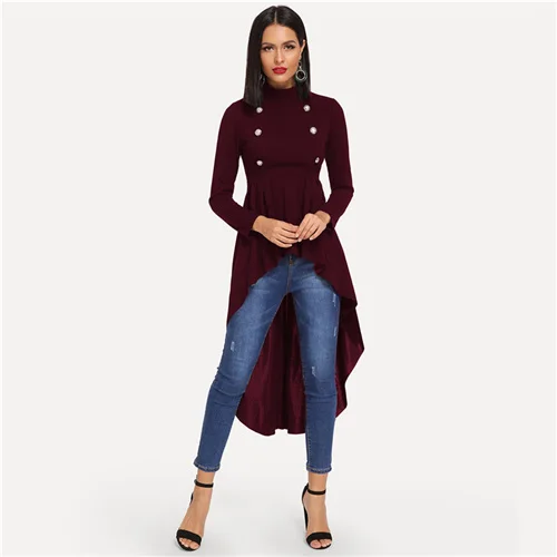 Maroon Sheinside элегантная женская блузка бордового цвета с ложным вырезом, двубортный топ с глубоким вырезом спереди, Женские топы и блузки с длинным рукавом - Цвет: Maroon