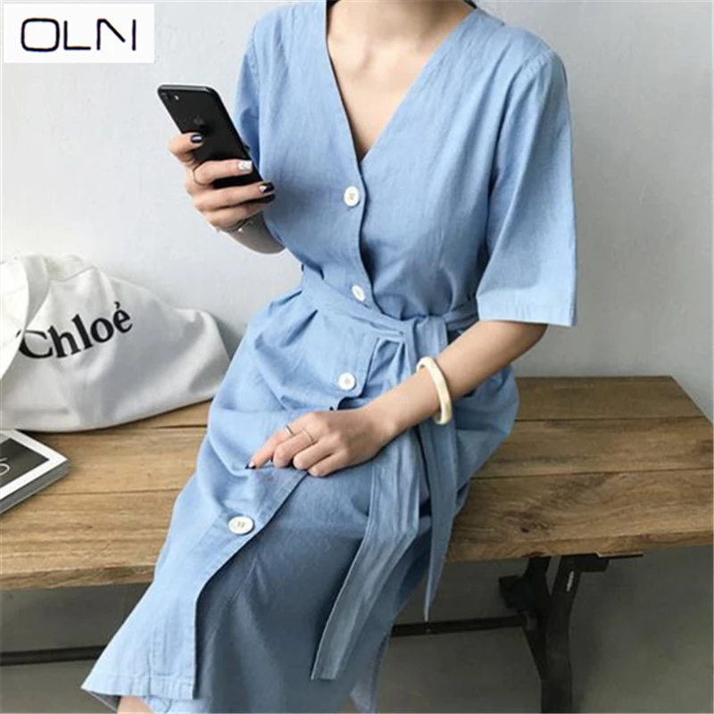 Vestidos корейское платье OLN Новое шикарное легкое голубое женское с v-образным
