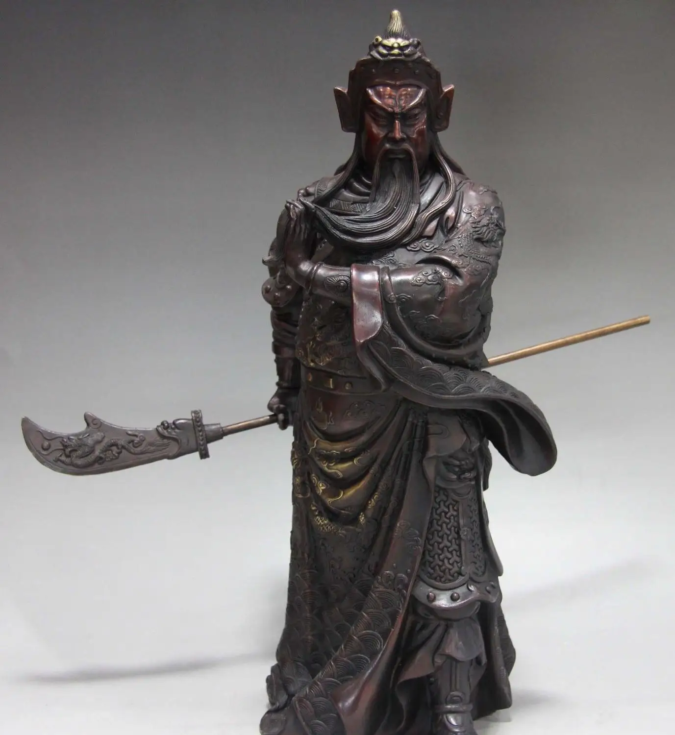 

free shipping Chinese Red Copper Bronze Leader Dragon Guan Gong Guan Yu Warrior Buddha Statue