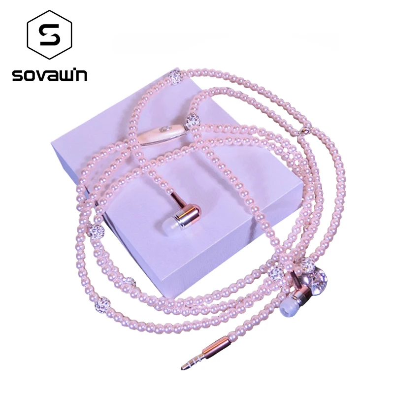 Sovawin Women Earphones Luxurious Headphone Bling Pearl Necklace Earbuds for Girls Girlfriend MP3 Mp4 Mobile Earphone | Электроника