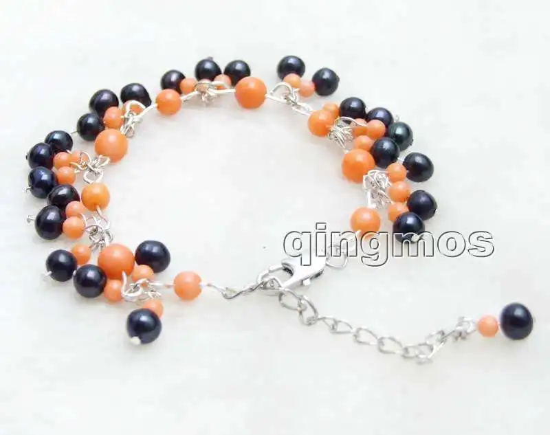

Small 5-6mm Black Round Natural Pearl with 3-6mm Pink Coral 7-9'' Bracelet-bra387 Wholesale/retail Free shipping