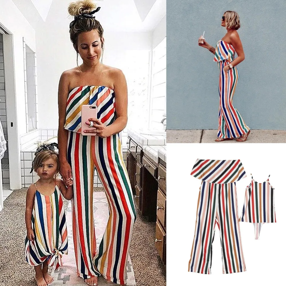 

Mommy And Daughter Family Matching Clothes Stripe Off Shoulder Mom Jumpsuit Sling Daughter Romper Mother Daughter Clothing
