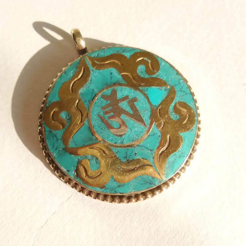 

TBP153 Tibetan OM Amulet Pendant White Metal Copper Inlay Stone