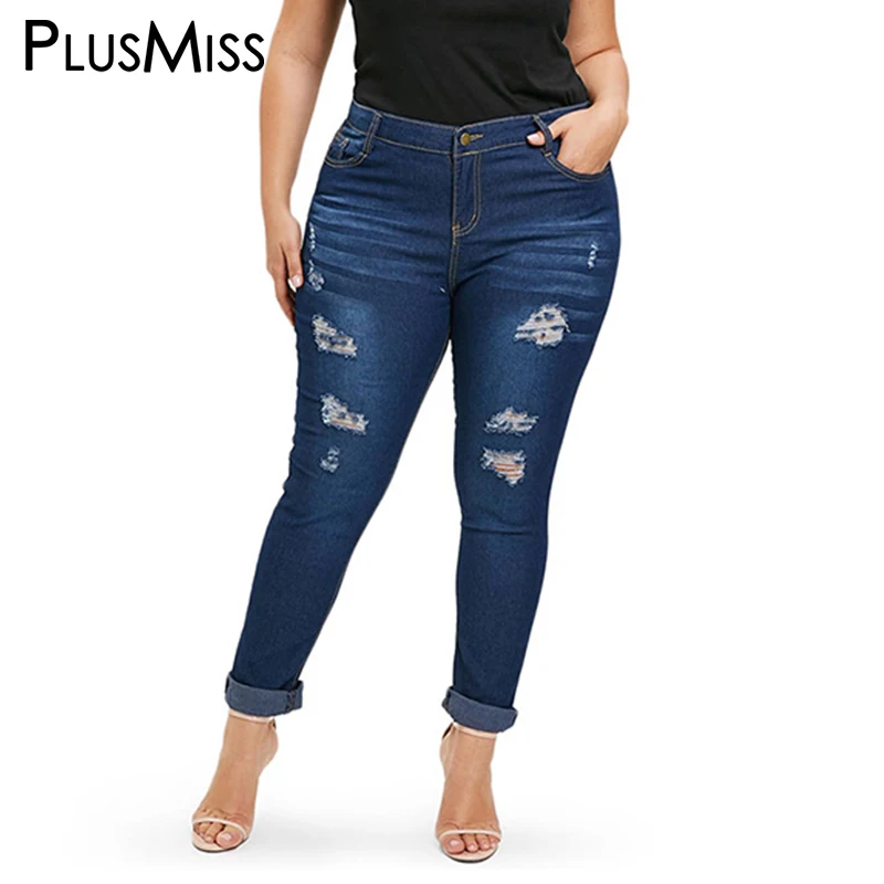 PlusMiss размера плюс 3XL XXXL XXL Высокая Талия пикантные узкие Рваные джинсы Для женщин