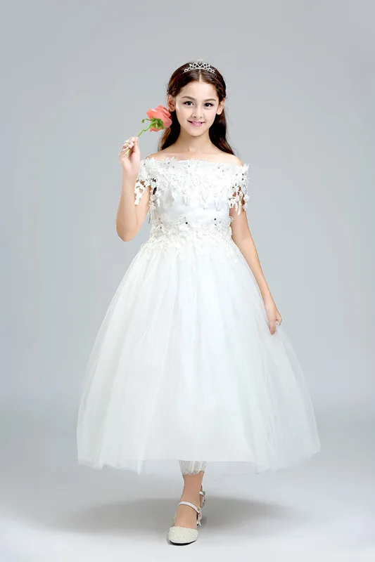 

Glizt White Lace Appliques Flower Girl Dress Shoulderless Kid Party Princess Wedding Dress Girls First Communion Gown