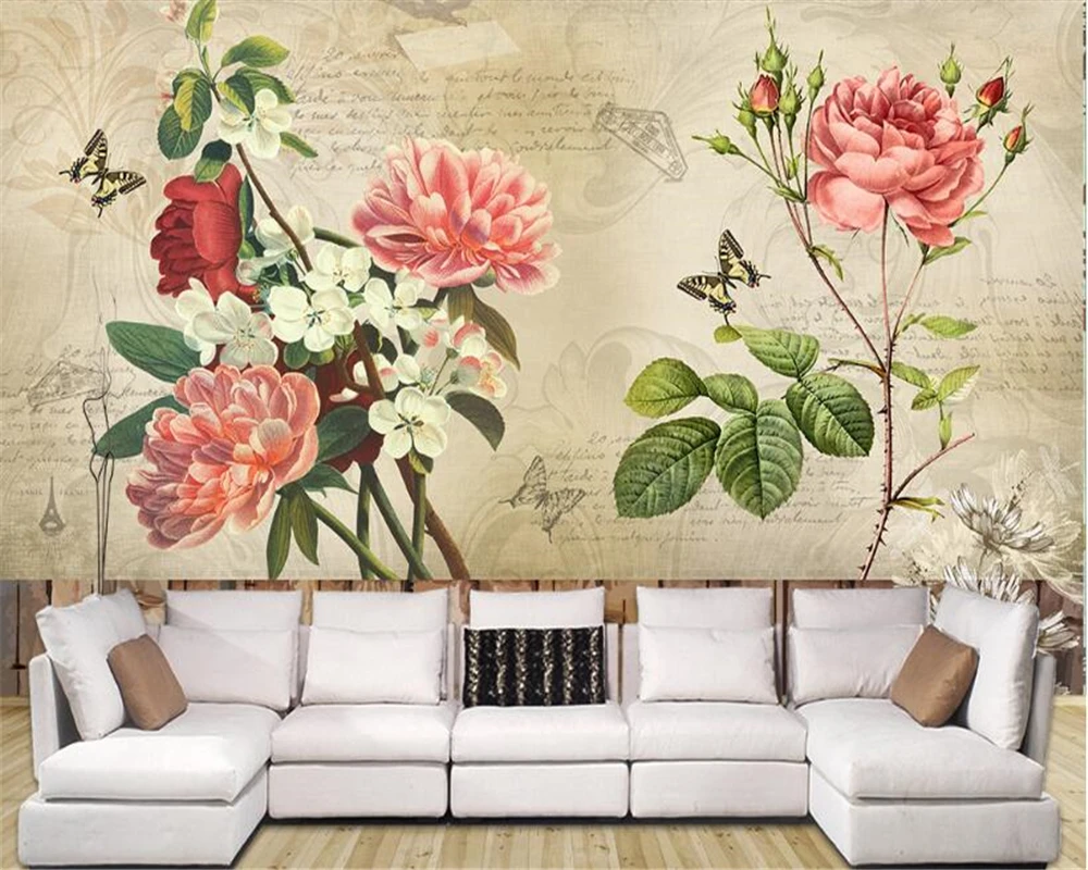 3d обои в стиле ретро высокая эстетическая атмосфера розовая роза бабочка |