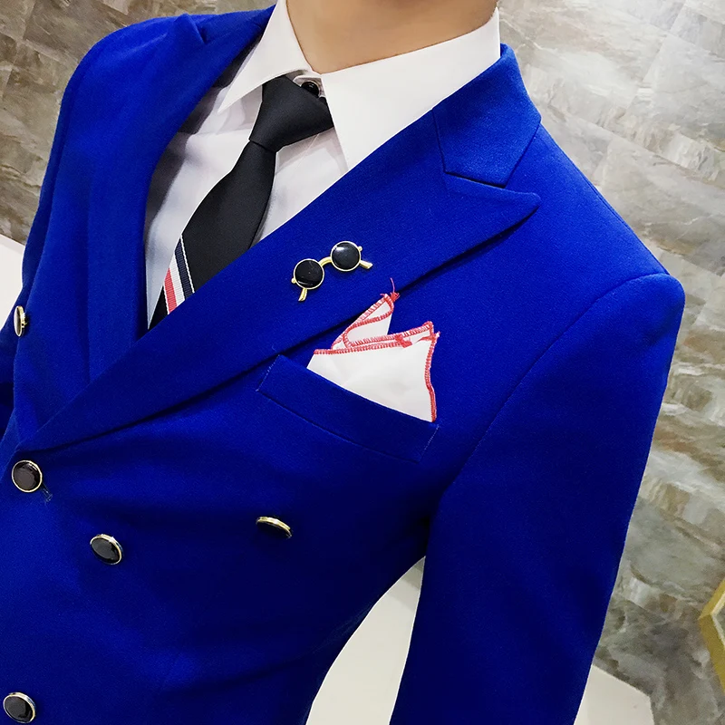 

Black Gray Orange Red Royal Blue Yellow Suit Men Double Breasted Slim Fit Mens Wedding Suits 3 Pieces Smoking Homme Mariage Q529